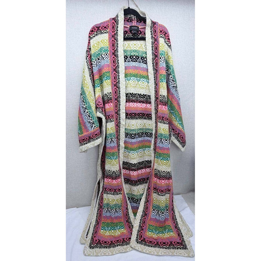 Ashro XXL Multi Color Fair Isle Knit Duster Cardigan Long Open Front Sweater